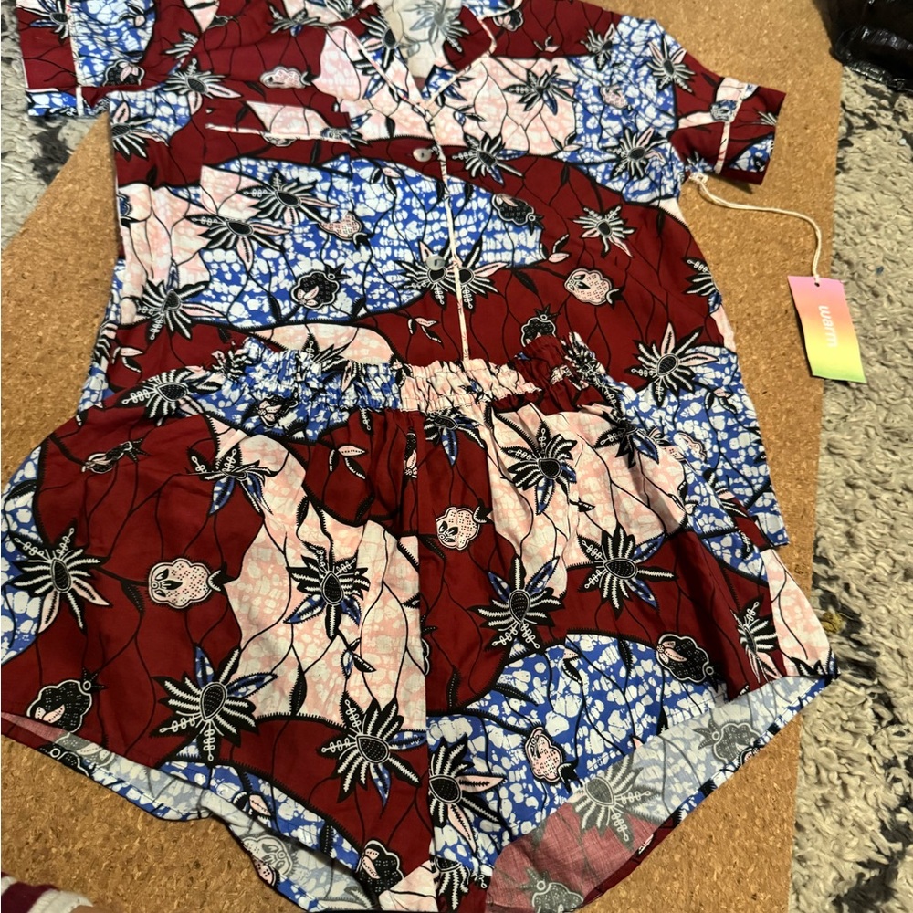 Warm Floral Print Two-Piece Set in Burgundy, Blue & Pink NWT